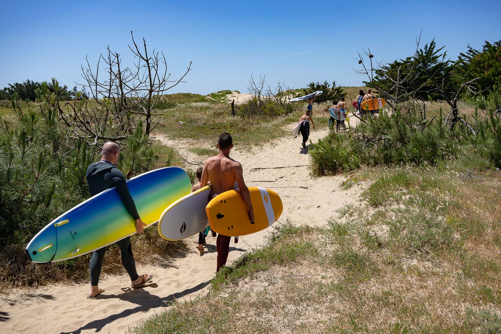 chemin-plage-oleron-surf-planche-combinaison-adulte-enfants-adolescents-coach-vegetation-ciel-bleu