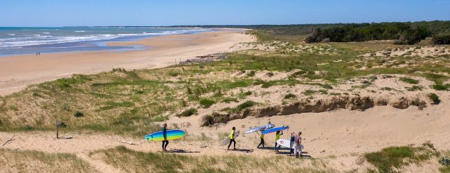 retour-formule-cours-de-surf-oleron-surfari-chemin-cabane-planche-surf-combinaison-enfants-adultes-ados